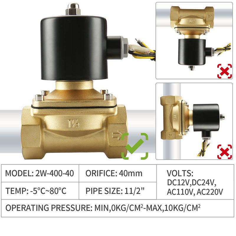 Baomain Brass Electric Solenoid Valve 1-1/2 Inch DC 12V Thread Direct Acting Normally Closed Compatible with Water Air 2W-400-40 Gold - Image 3